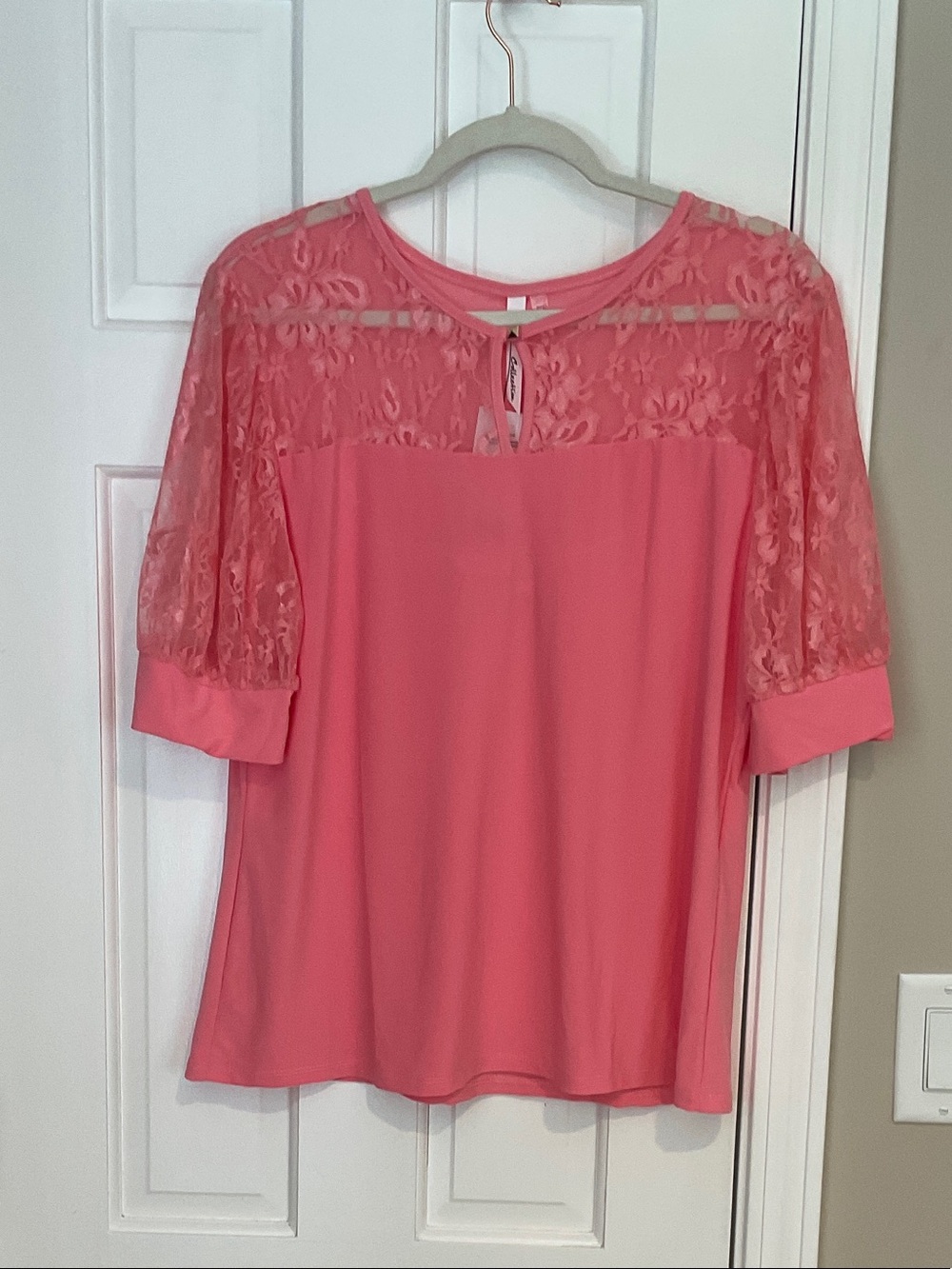 NY Collection Coral Pink Lace-Sleeve Blouse